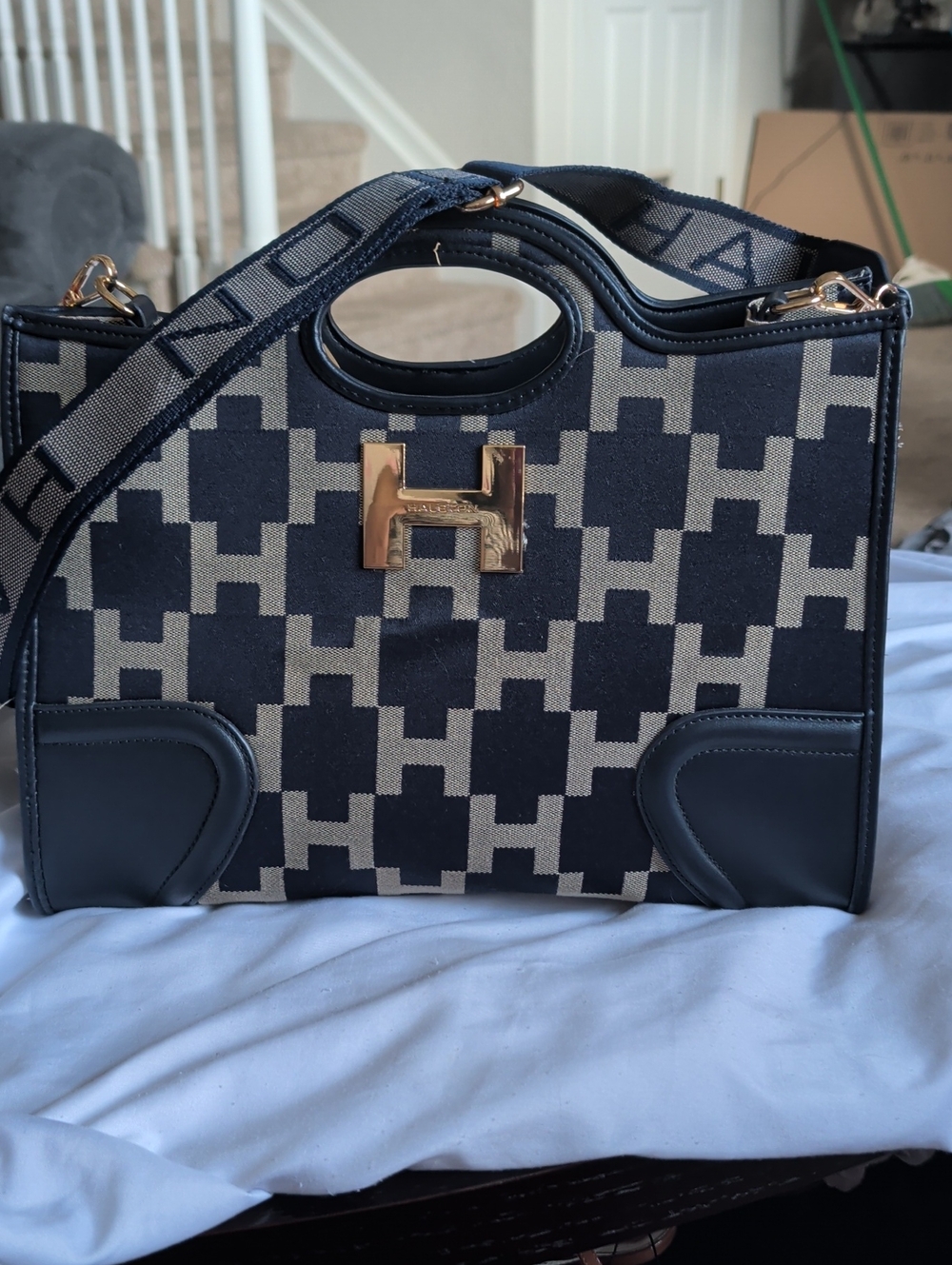 H by Halston Navy and Beige Logo Jacquard Tote with Gold H Hardware